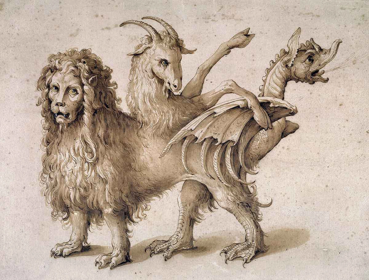 The Chimera, a lion with a goat's head protruding from its back and a tail ending with a snake's head.
